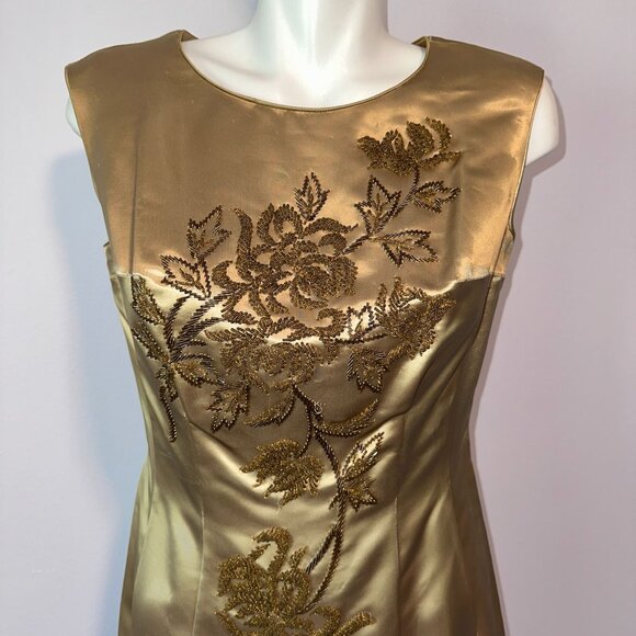 Vtg 60s Liquid Satin Gold Beaded Sleeveless Sheath Dress Silk Wiggle Size - Picture 6 of 6